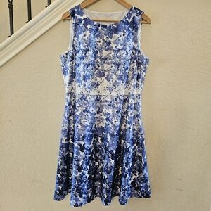 TALBOTS Sleeveless Cotton Petite Fit N Flare Blue White Floral Dress Size 14P